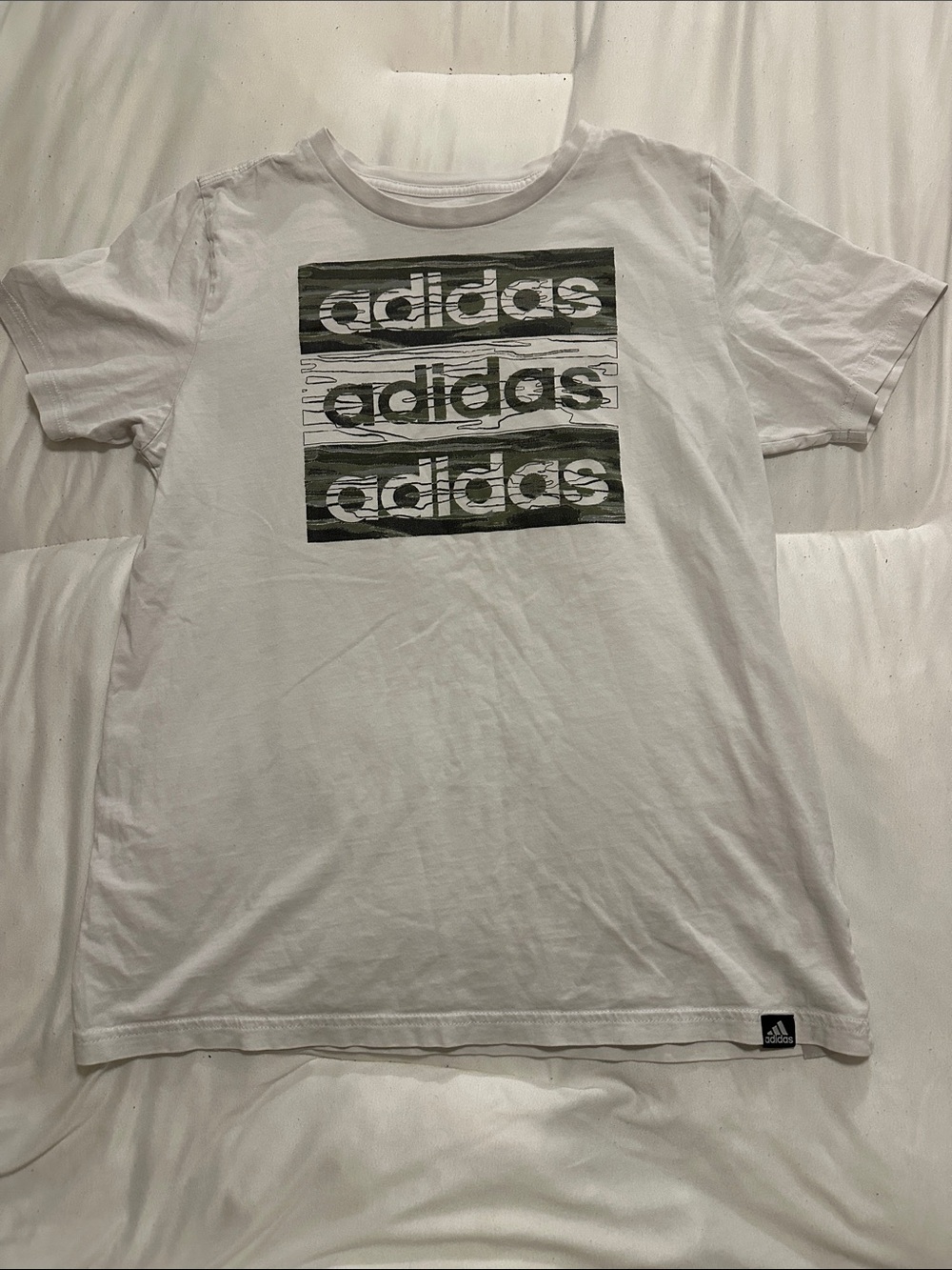 adidas White Tee with Olive Graphic Logo Panel